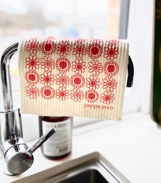 Swedish Dishcloth SPRUCE - Pappa Sven Red Daisy