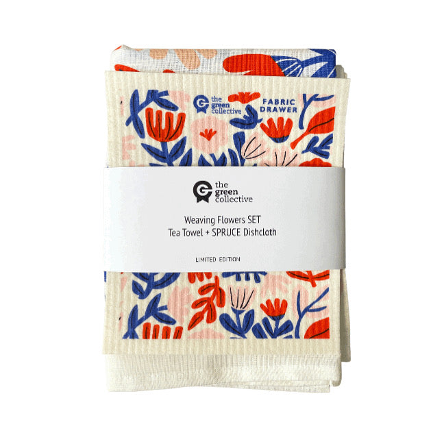 Weaving Flowers SET (50% Linen Tea towel + SPRUCE Dishcloth) by Fabric Drawer
