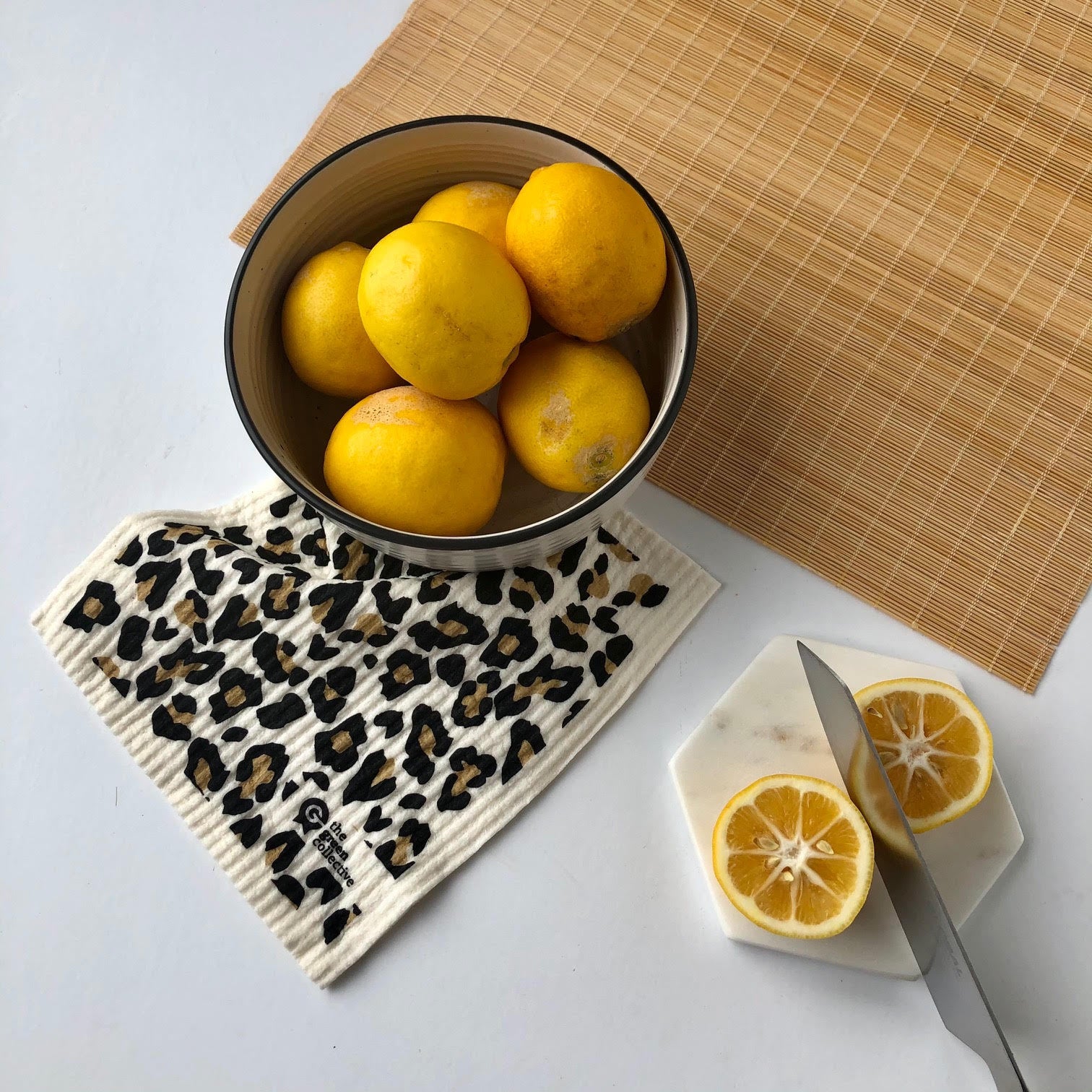 Leopard Print SPRUCE dishcloth with a cut lemon