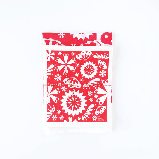 Red Flower SET (50% Linen Teatowel + SPRUCE Dishcloth)